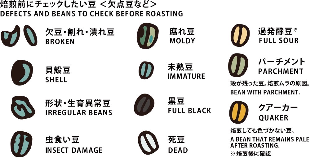 STEP 1 豆を選ぶ：焙煎前にチェックしたい豆（欠点豆など）の図。欠豆・割れ・潰れ豆、貝殻豆、形状・生育異常豆、虫食い豆、腐れ豆、未熟豆、黒豆、死豆、過発酵豆、パーチメント、クアーカー
